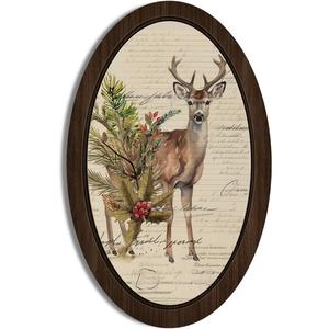 BIWSHA Vintage Rustic Deer Oval Wall Art Decor, Farmhouse Deer Framed Christmas Wooden Wall Art Room Decor, Pine Newspaper Wall Hanging Decor for Home Bedroom, 10.2x15.7 Inch