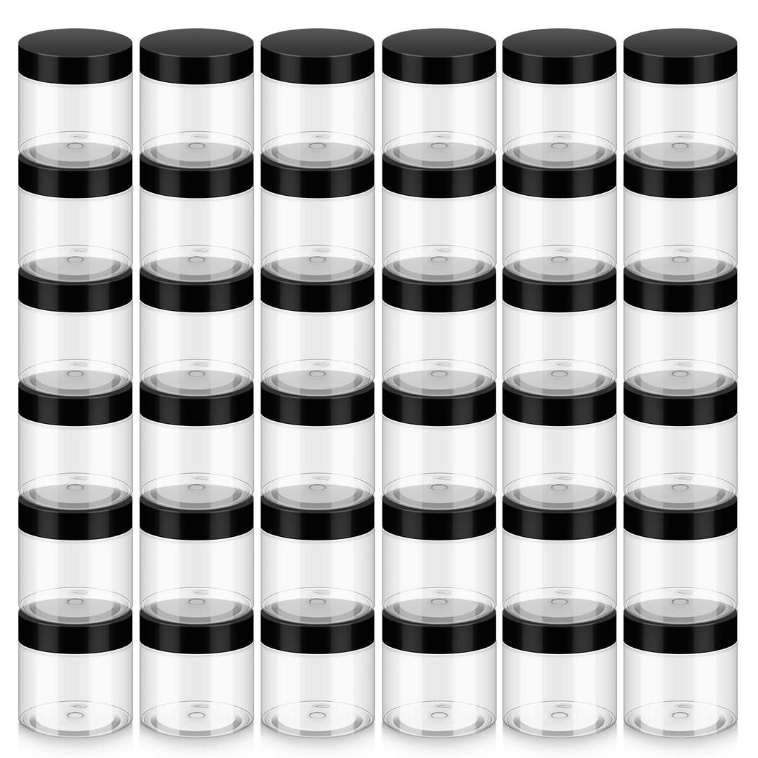 36 Pack 2 OZ Plastic Jars with Lids, BPA Free, Reusable, Refillable Transparent Cosmetic Containers for Bath Salts, Cosmetics, Powders, Beauty Product and Small Accessories (Black)