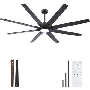 Newday 72 Inch Black Ceiling Fan with Light and Remote, Indoor/Outdoor Silent Reversible DC Motor, 6 Speeds, 3CCT, Timer, 8 Blades, 3 Downrods for Living Room, Patio, Garage