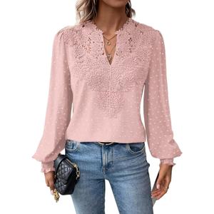 Falechay Womens Tops Swiss Dot Boho Long Sleeve Shirts V Neck Casual Chiffon Blouses Flowy Lace Hem Cute Clothing Trendy 2026 Large