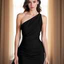 Zeflows Womens One Shoulder Ruched Ruffle Trim Satin Bodycon Dresses Sleeveless Backless Cocktail Homecoming Mini Dresses, Black-L (Black, L)