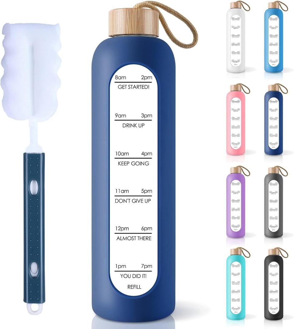 PROBTTL Borosilicate Glass Water Bottle with Time Marker Reminder Quotes, 1 Liter Leak Proof Reusable BPA Free Motivational Water Bottles with Silicone Sleeve and Bamboo Lid (32 Ounces, Navy Blue)