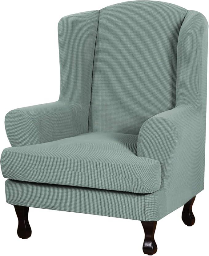 H.VERSAILTEX 2 Piece Stretch Jacquard Wingback Chair Covers Slipcovers Wing Chair Covers (Base Cover Plus Seat Cushion Cover) Furniture Covers for Wingback Chairs, Form Fitted Thick Soft, Sage