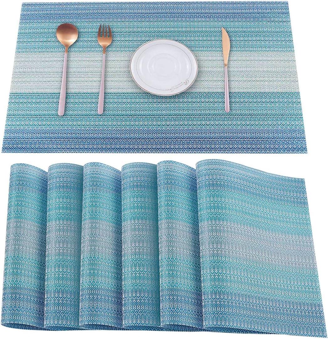 HeloHo Blue Placemats Set of 6, Stain-Resistant Kitchen Table Mats Washable Placemats Crossweave Woven Vinyl Placemat for Kitchen Dining Table