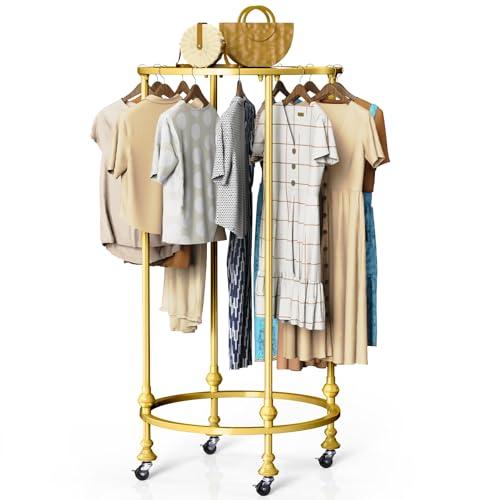 Vrietina Rolling Round Garment Rack, Freestanding Double Space Multi-Purpose Retail Clothing Rack with Wheels and Topper, Heavy Duty Commercial Clothing Organizer for Retail Boutique Bedroom (Gold)