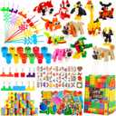 LiYiQ 134 Pcs Building Blocks Party Favors with Reusable Drinking Straws Animal Building Blocks Slap Bracelets Keychains Stamps Stickers and Gift Bags Gamer Birthday Party Supplies (Building)