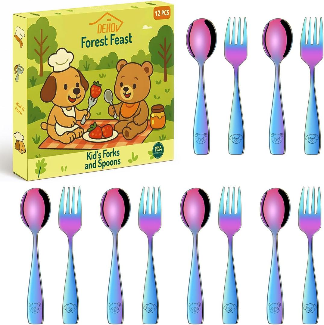 DEHOV Rainbow Toddler Eating Utensils Set, Set Of 12 Food Grade Stainless Steel Silverware Sets For Kids, Dishwasher Safe Children Small Metal Spoons And Forks Flatware Sets