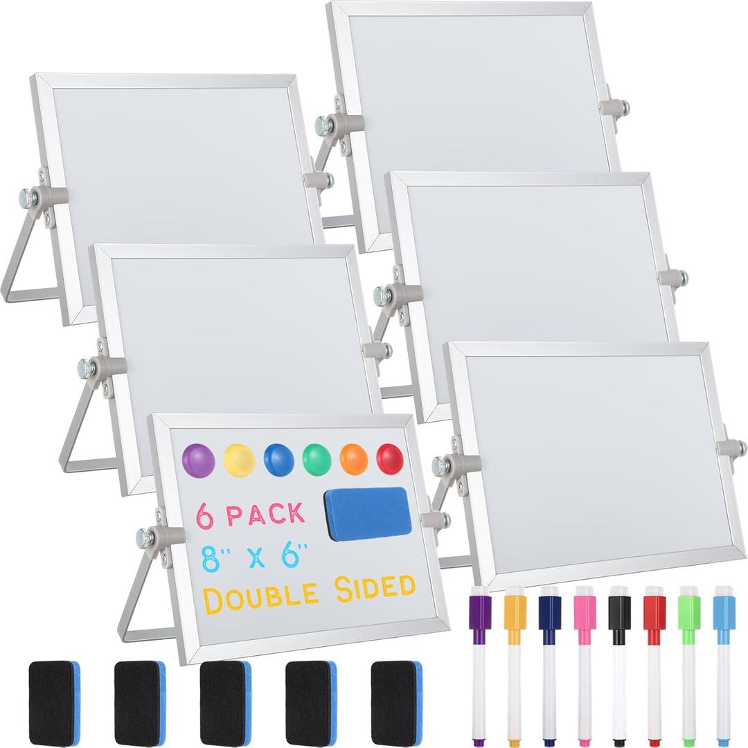 6 Pcs Small Dry Erase White Board with Stand 6 x 8'' Double Sided Magnetic Tabletop Whiteboard Mini Dry Erase Easel Board with 8 Markers 6 Magnets 6 Eraser for Drawing Office School Home