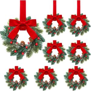Knitgrip 8 Pcs Mini Christmas Wreaths for Cabinet Kitchen Windows Decors Bulk with Red Bow Small Artificial Norfolk Farmhouse Wreaths with Berry Pine Cone for Fireplace Front Door Porch Wall Hanging