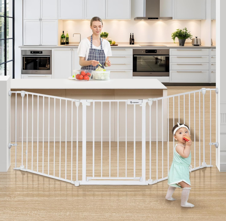 COMOMY 80" Extra Wide Baby Gate, Dog Gate for House Stairs Doorways Fireplace, Auto Close Pet Gate with Door Walk Through, 3 Metal Panels, Hardware Mounted Baby Fence Indoor Outdoor(30" Tall, White)