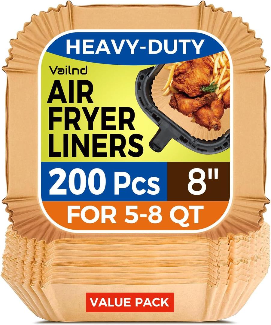 Air Fryer Paper Liners, 200pcs Air Fryer Liners Disposable, 8" Square Baking Liner for 5-8 qt Airfryer Basket, Non-stick and Oil Proof Parchment Paper for Oven, Pans & Baking (Natural)