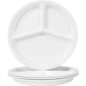 10" 4-Piece Melamine Divided Plates Set Portion Control & Bariatric-Friendly | 3-Compartment Design for Balanced Meals | Dishwasher-Safe White Dinner Plates