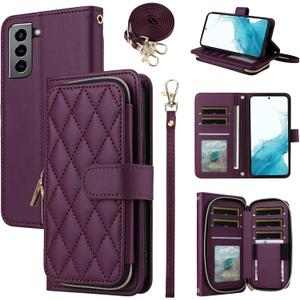 Wallet Case for Samsung Galaxy S21 Plus S21+ 5G with Wrist Strap 9+ Card Slots Zipper Purse, Luxury PU Leather Stand Full Body Phone Cover for S21+5G S21plus 21S + S 21 21+ G5 Women Deep Purple (Wine Red)