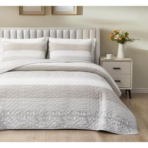 Chezmoi Collection Robyn 3-Piece Neutral Taupe Gray White Floral Hibiscus Flower Patchwork Striped Quilt Set - Pre-Washed Cotton Coverlet - Lightweight Reversible Bedspread, King Size