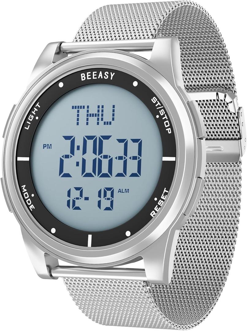 Beeasy Digital Watch Waterproof with Stopwatch Alarm Countdown Dual Time, Ultra-Thin Super Wide-Angle Display Digital Wrist Watches for Men Women (Silver) Beeasy Digital Watch Waterproof with Stopwatch Alarm Countdown Dual Time, Ultra-Thin Super Wide-Angle Display Digital Wrist Watches for Men Women (Silver)
