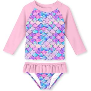 Lovekider Little Girls Swimsuits Two Pieces Swimwears Rash Guard Set Long Sleeve UPF50+ Bathing Suit for Beach 2-8T (7-8 Years, Mermaid Scales Colorful)