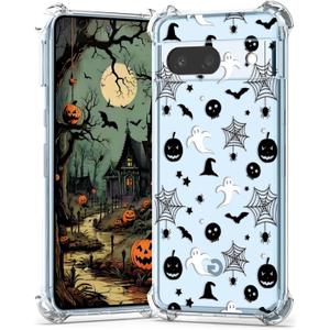 2 x for Google Pixel 7a Case Halloween Pumpkin Skull, Cute Design Girls Shockproof Soft Slim Women Mobile Back Cover Clear Phone Case for Google Pixel 7a (black pumpkin bat)