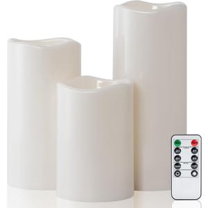 Amagic 3 Pack 4"x 6"8" 10" Outdoor Plastic Electric flameless Candles with Remote Control and Timer, Battery Operated Flickering LED Pillar Fake Candle for Home, Wedding Decor, Ivory