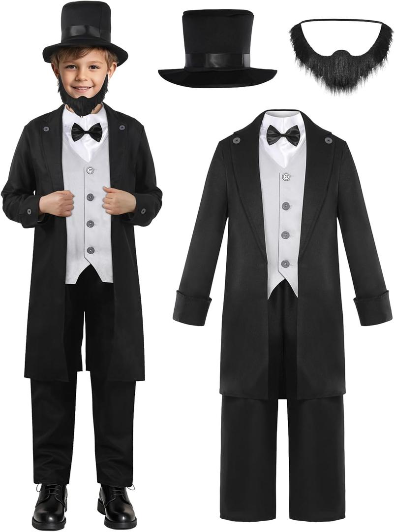 Deluxe Kids Abraham Lincoln Costume Boys Presidents Day Costume Halloween Cosplay Dress Up (8-10 Years)