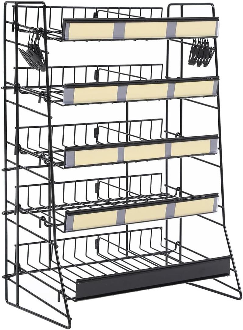 5-Tier Candy Display Rack for Concession Stand Display Movie Theater Candy Shelf, Metal Frame Candy Display Rack with Mesh with 8 Chip Clips and labels for Countertop Stores