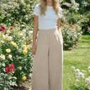 Women Linen Wide Leg Pants High Waisted Smocked Elastic Waist Palazzo Pants Lightweight Beach Travel Pants Apricot