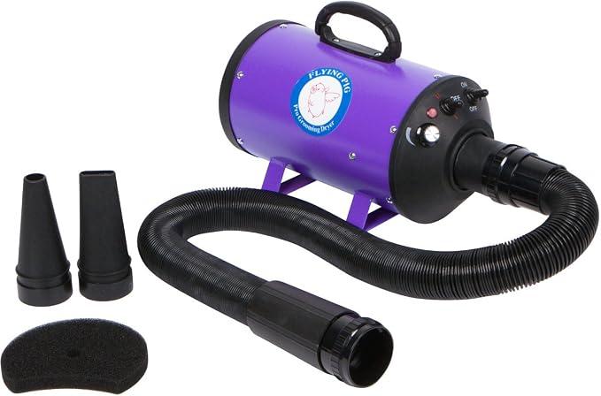 Flying Pig High Velocity Dog Pet Grooming Dryer w/Heater (Model: Flying One, Purple), 10 FT FLEXIBLE HOSE + 2 NOZZLES