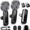 Upgraded 2 Pack Mini Clip on Microphone With LED Display, Wireless Lavalier Microphone for iPhone, HD Noise Cancelling, Portable Lapel Mic for Recording Video Podcast Vlogg Content Creator interview (Black)