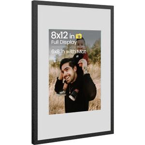 Heimlove 8x12 Aluminum Metal Frame, Black Photo Frame 6x8 with Mat or 8x12 Without Mat for Table Top Display and Wall Mounting, Wall Hook Hanging Hardware Included