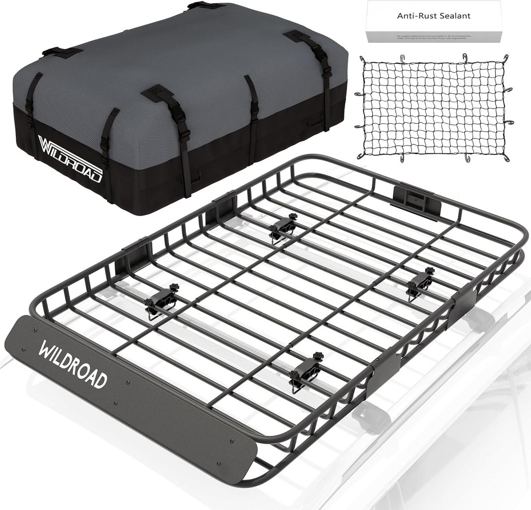 WILDROAD Car Roof Cargo Carrier Combo of Upgraded 64"x 39"x 4" Roof Rack Cargo Basket with 21 Cubic ft Ultra Waterproof Anti-Tear Fabric Cargo Carrier Bag and Super Duty Bungee Cargo Net
