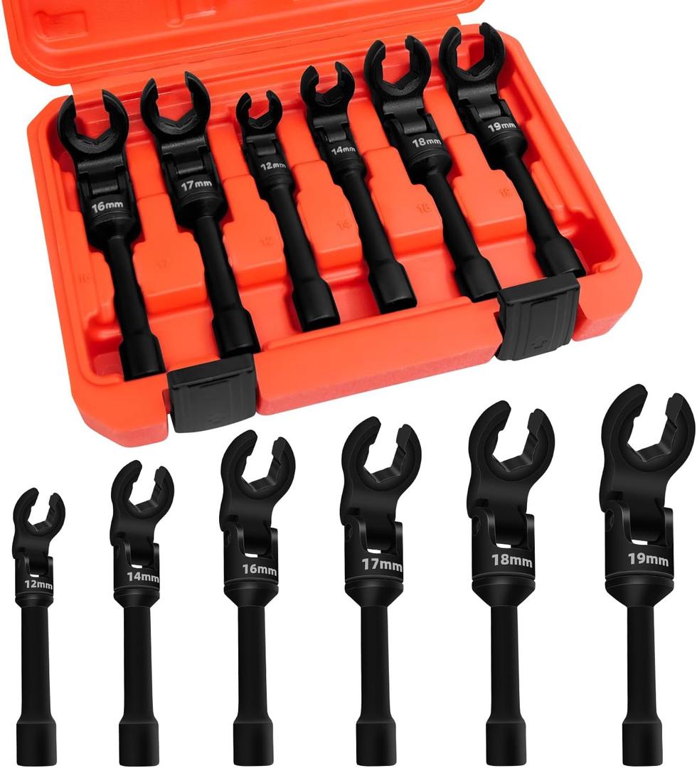 6PCS 3/8" Drive Long Flex Head Injector Fuel Line Socket Wrench Set, Crowfoot Flare Nut Socket Wrench Metric 12mm 14mm 16mm 17mm 18mm 19mm Hydraulic Lines Nuts Bolts Hand Removal Tool