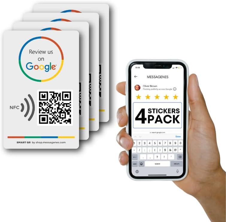 MESSAGENES Google QR & NFC Review Sticker - 4-Pack - Boost Business Reviews - iPhone & Android - 3.39"x2.17"