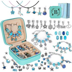 Charm Bracelet Making Kit, Kid Jewelry Making Kit for Girls 8-12, Unicorn Craft Kits for Teen Girls Toys Ages 3-10 Years Old Girl Gifts Trendy Stuff Birthday Christmas Gift with Initial Jewelry Box- B
