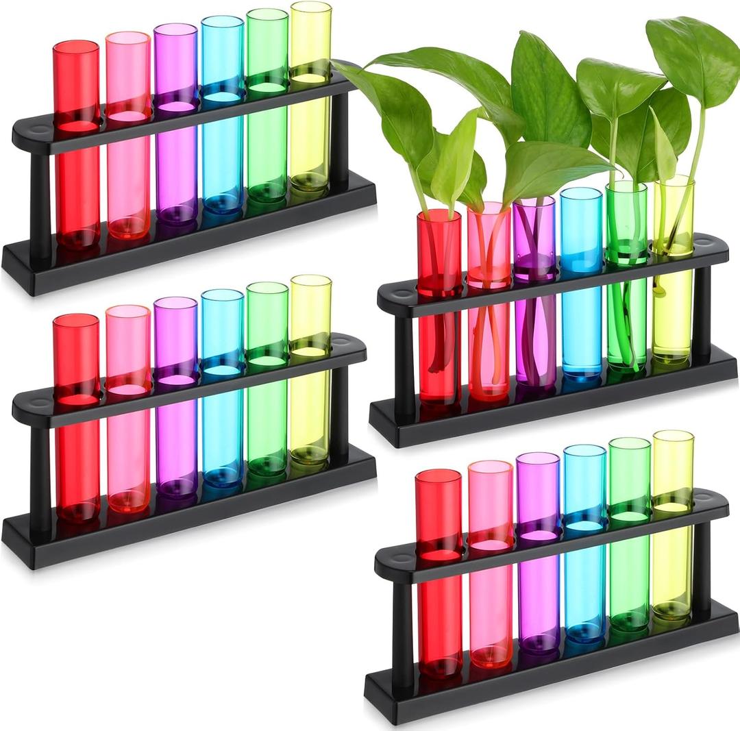 Kingdder 24 Pcs Plastic Test Tubes with Rack for Plant Propagation Station, 1.5 oz Shot Glasses Holder for Science Parties, Pouring and Storing Liquids, Hydroponic Plants Cutting Vase for Office Home