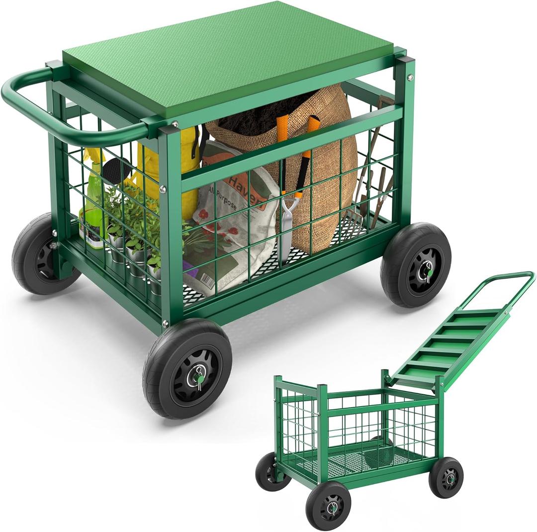 FLINTER Rolling Garden Work Seat with Wheels, Upgraded Heavy Duty Gardenning Cart with Seat - Garden Rolling Stools with Wheels for Seniors, Lawn, Patio & Backyard Gardening, Green
