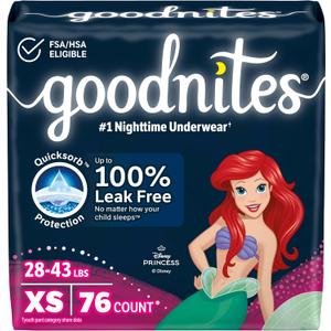 Goodnites Girls' Nighttime Bedwetting Underwear, Size Extra Small (28-43 lbs), 76 Ct (2 Packs of 38)