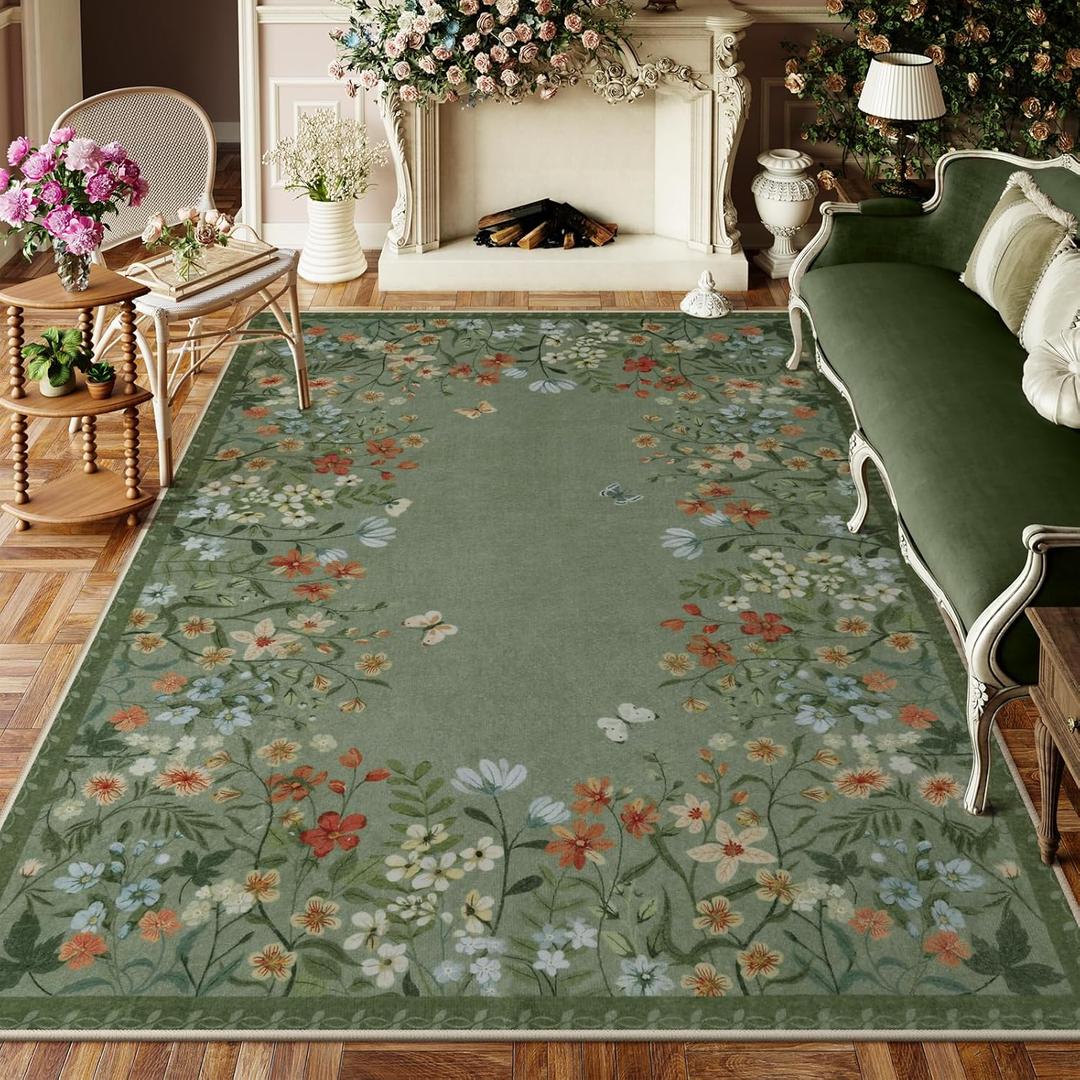 Wonnitar Washable 8x10 Living Room Area Rug, Large Green Floral Rugs for Bedroom, Non-Slip Soft Botanical Area Rug Throw Carpet for Dining Guest Room Playroom (Green,8'x10')