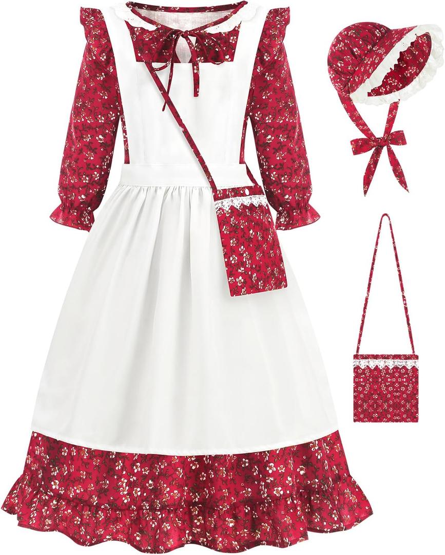 Pioneer Girls Dress Floral Colonial Prairie Costumes for Little Kids with Apron and Bonnet (10-12/150, Dark Red)