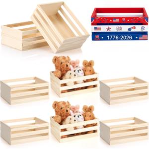 Cinnvoice 6 Pcs 9.5'' 250th Anniversary Small Wooden Crate for Storage 4th of July Unfinished Wood Crate Bulk Rustic Decorative Display Box Natural Bin Closet Organized for Kitchen Office Home