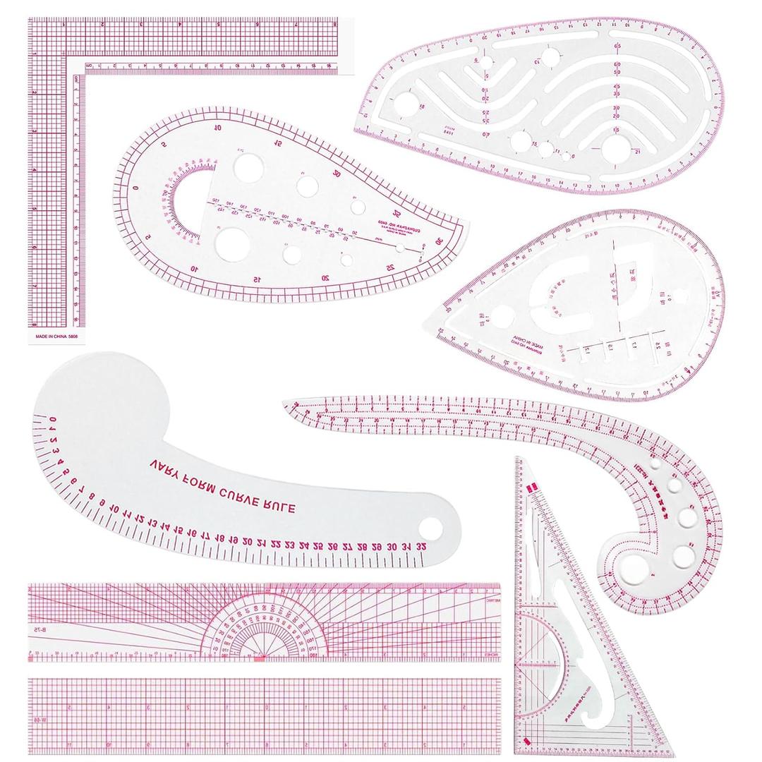 Fashion Clear Metric Sewing Ruler Set,French Curve Pattern Rulers for Beginners, Tailors, Designers, Quilting, Embroidery, Cross Stitch, Crochet, Knitting 9pcs