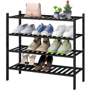 viewcare 4Tier Black Bamboo Shoe Rack for Entryway, Stackable | Foldable | Natural, Shoe Organizer for Hallway Closet, Free Standing Shoe Racks for Indoor Outdoor