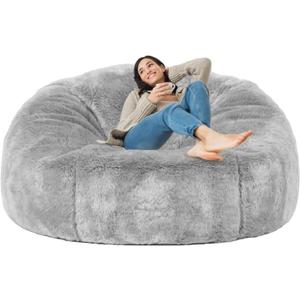 (No Filler) 7FT Giant Bean Bag Chair Cover Soft Faux RH Fur Sofa Bed Washable Bean Bag Couch Cover for Adult and Kids with Liner (Light Gray)