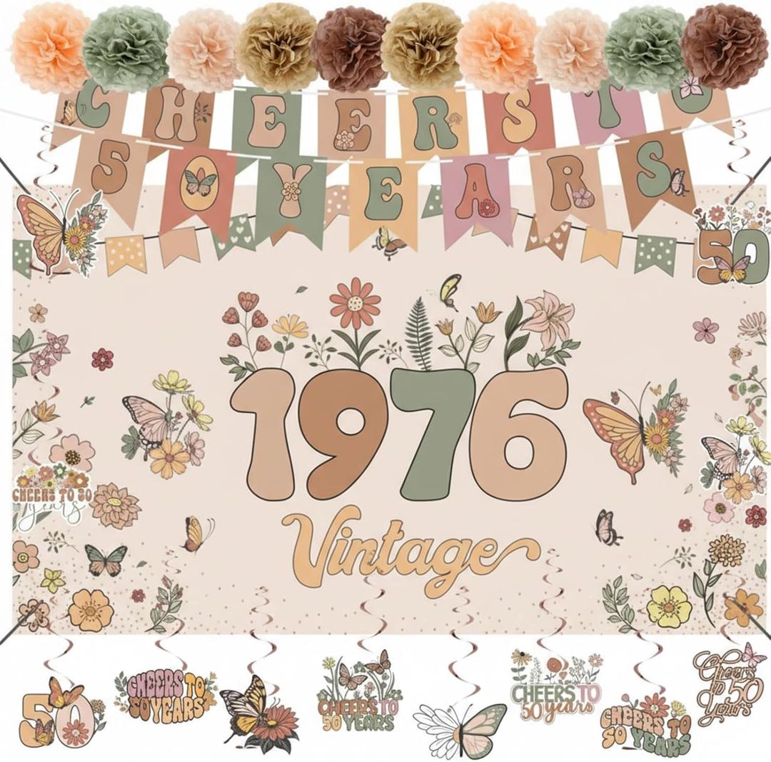 RoundFunny 24 Pcs Vintage 50th Birthday Decorations for Men Women Floral 1976 Banner Decorations Include Back in 1976 Backdrop Cheers to 50 Years Banner 12 Hanging Swirl 10 Paper Poms for Party Gifts