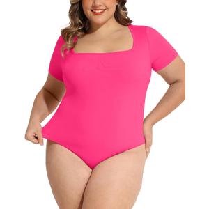 FOREYOND Plus Size Bodysuits for Women Short Sleeves Square Neck Body Suit Tops Casual Basic Slim Fit Shirts Leotards, Hot Pink, 2XL