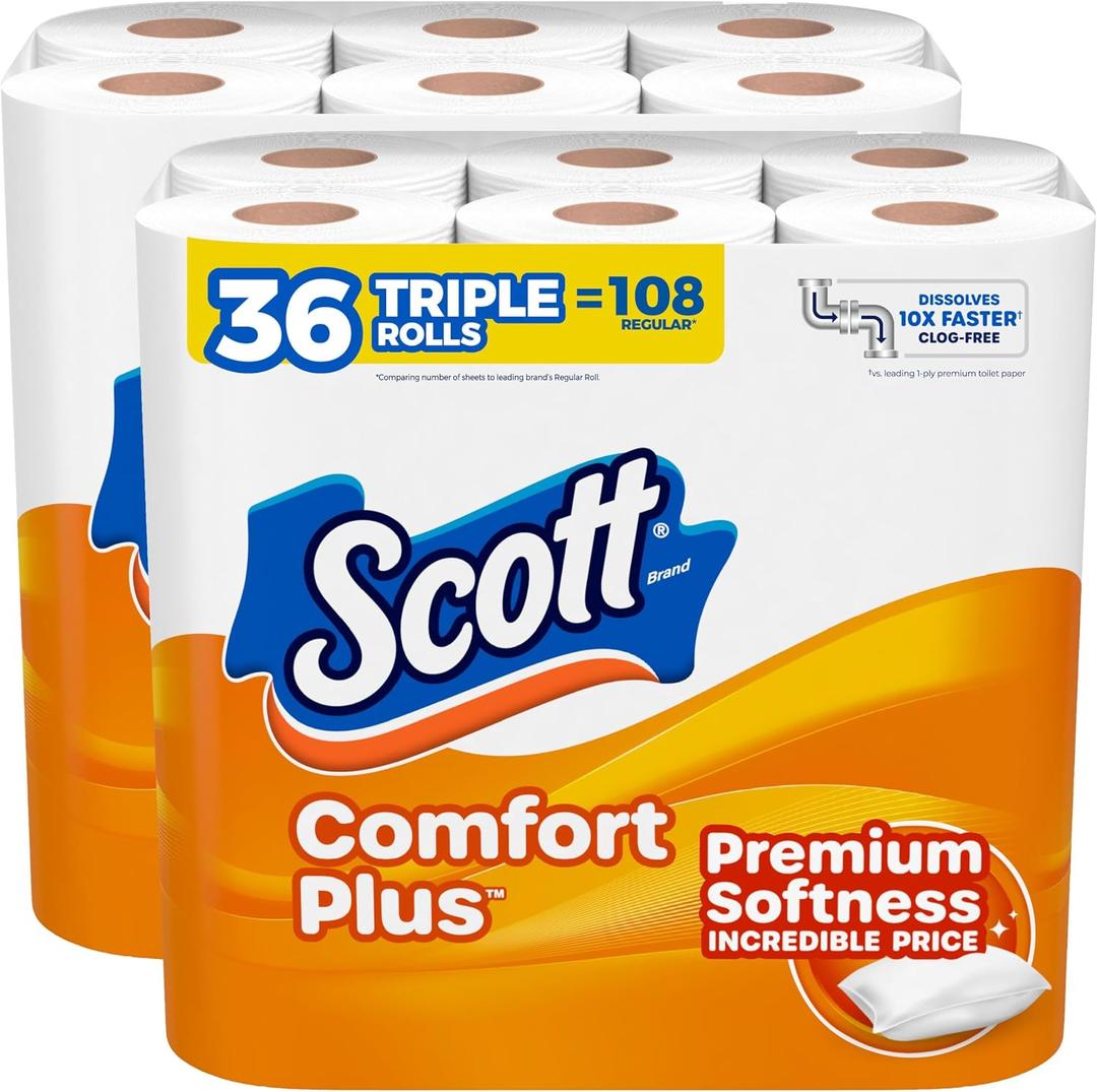 Scott ComfortPlus Toilet Paper, 36 Triple Rolls, 231 Sheets per Roll, Septic-Safe, 1-Ply Toilet Tissue