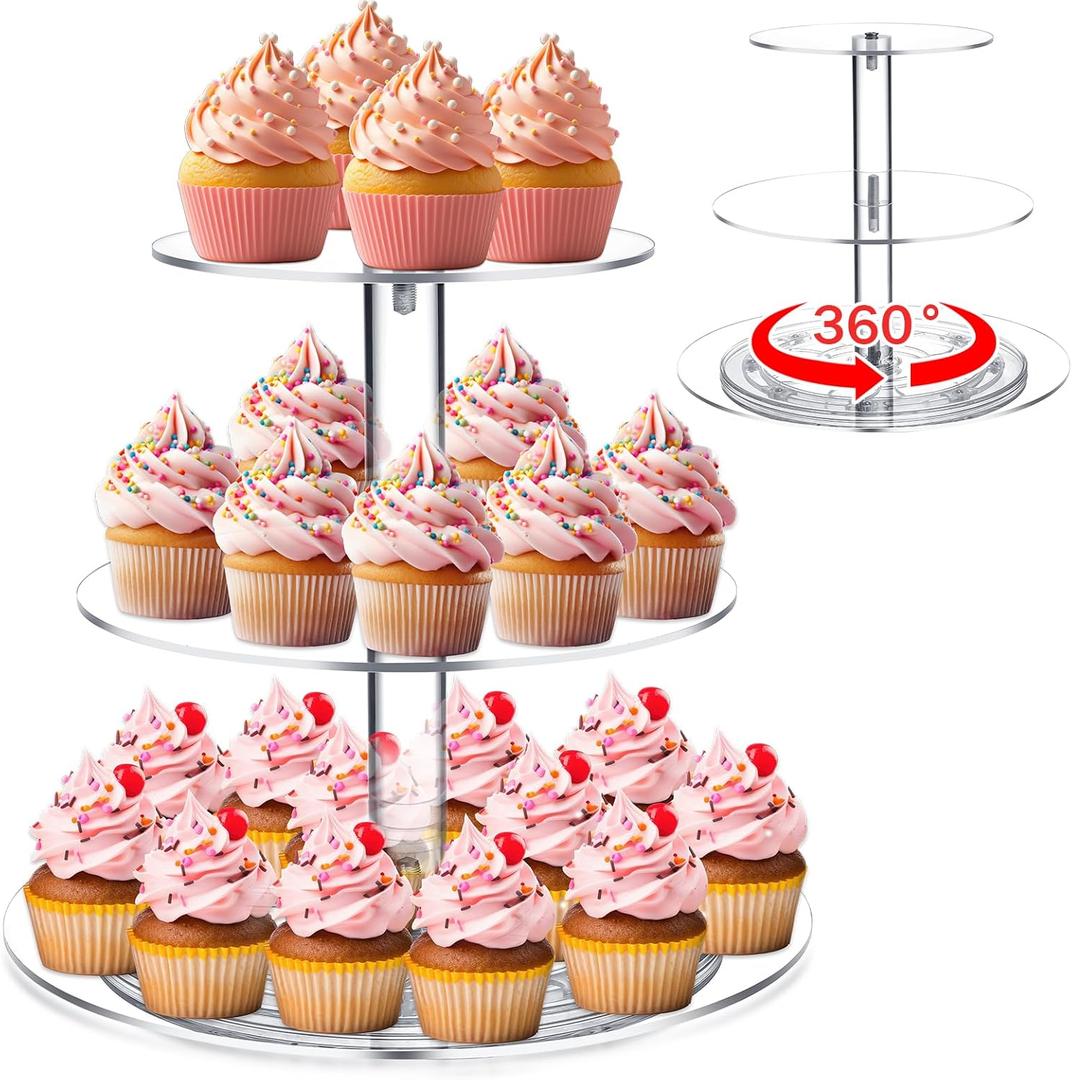 Tiered Cupcake Display Stand Rotatable Cake and Cupcake Tower Stand Combo Clear Acrylic Cake Holder with Tiered Tray for Dessert Pastry Birthday Wedding Party Table(3 Tire and Round)
