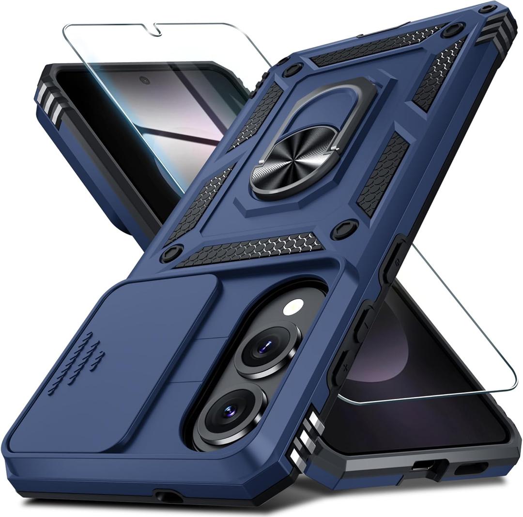 Janmitta Compatible with Samsung Galaxy S25 Edge Case Built in Slide Camera Lens Cover+Screen Protector+Finger Ring Holder Kickstand,Heavy Duty Shockproof Full Body Phone Cover,2025 Blue