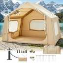 Inflatable Camping Tent for 3-5 Person, Quick Setup Blow Up Tent with Hand Pump, Waterproof 4 Season Air Glamping Tent with Skylight, Mesh Windows & Stove Jack, for Camping, Beach, Outdoor