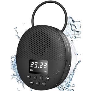 Shower Radio Speaker with Bluetooth 5.0, AGPTEK Waterproof Wireless Bathroom FM with Suction Cup 12H Long Playback Time, Lanyard, LCD Screen Display, Handsfree Calling, Storage Card Playback (Black)