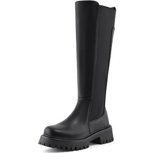 Womens Knee High Boots Platform Stretch Lug Sole Riding Boots Round Toe Elastic Comfortable Fashion Dress Boots with Side Zipper (8, Black)