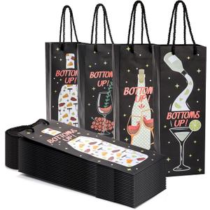 Frcctre 24 Pack Black Paper Gift Bags, 5 x 4 x 13.75 Inches Long Kraft Paper Gift Bag with Handles for Birthday Christmas Party, Wine Bottle Pattern